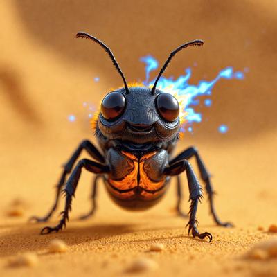 The primary subject of the image is a close-up of a firefly, which is a small insect with a bright blue light on its back. The firefly is standing on a sandy surface, which serves as the setting for the scene. The visual style of the image is a combination of photo and digital art, creating a realistic yet artistic representation of the firefly. The colors and mood of the image are predominantly warm and vibrant, with the blue light of the firefly standing out against the sandy
